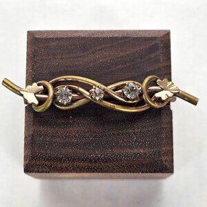 VTG Brooch Gold Tone Bar Rhinestone Antique Regencycore Leaf Accent Fairycore 2"